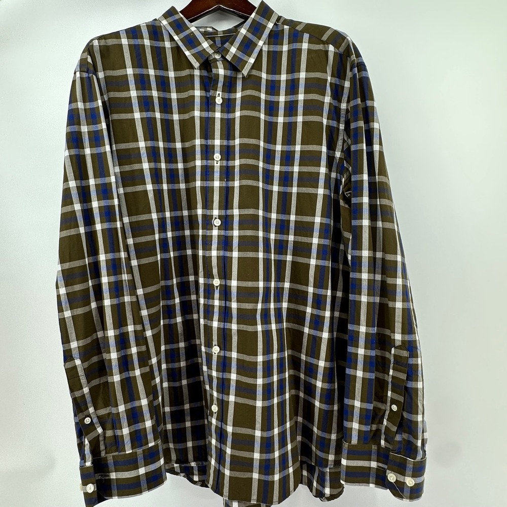 Banana Republic Mens XXL Tailored‎ Slim Fit Plaid Button Down Shirt Olive Blue